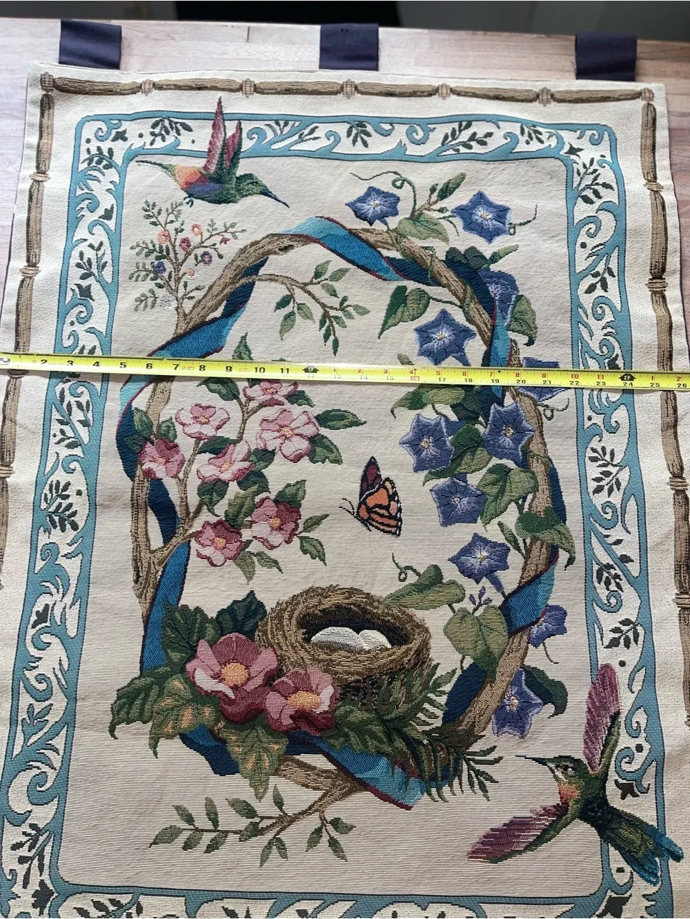 Hummingbird & Floral Wreath Tapestry Wall Hanging in Blue and Cream